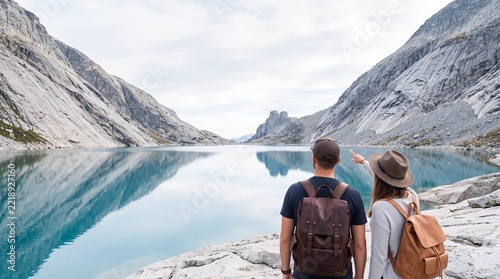 Adventure couple with backpacks standing on a rocky shore, overlooking a stunning turquoise mountain lake surrounded by granite cliffs, pointing towards the scenic horizon during a summer hike.