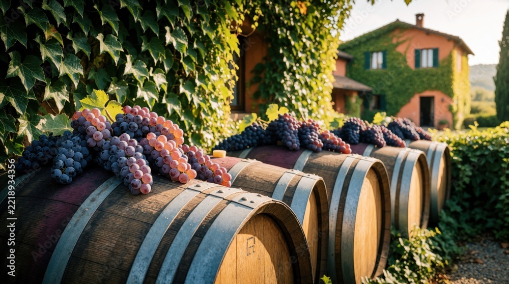 Naklejka premium Close up of wooden wine barrels with ripe purple grapes on top. Rows of oak casks sit outside rustic Italian winery estate. Green ivy covers old stone house in vineyard during autumn harvest season