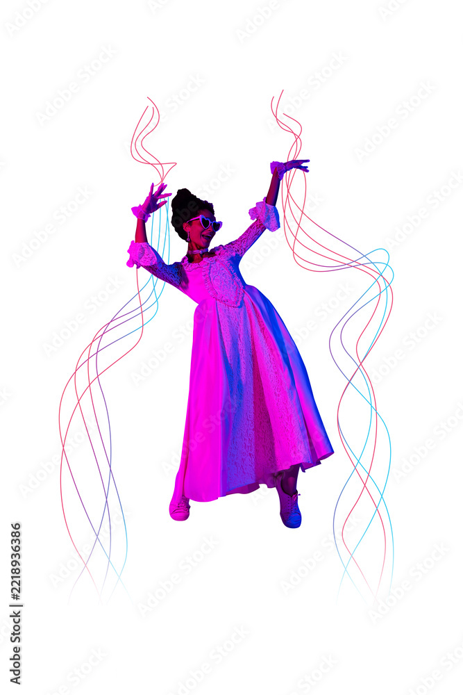 Fototapeta premium Vertical sketch 3d artwork collage poster of happy duchess girl dance club occasion neon party celebration masquerade event