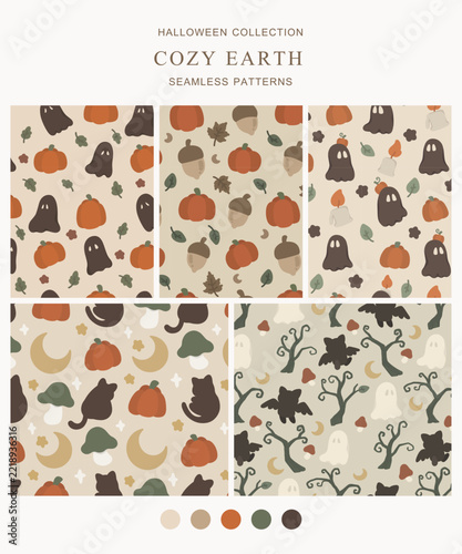 Cozy Halloween seamless pattern with pumpkins, ghosts, leaves, mushrooms and woodland elements in warm earth tones. Perfect for wallpaper, fabric, wrapping paper and seasonal design.