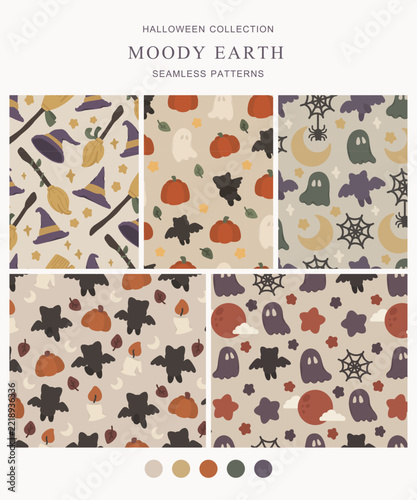 Moody Halloween seamless pattern with witch hats, bats, moons, stars, ghosts and spider webs in muted earth tones. Perfect for wallpaper, fabric, packaging and seasonal designs.
