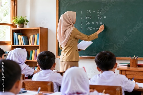 Teacher in hijab teaching mathematics in classroom