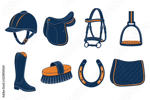 Horse riding equipment icon set on white