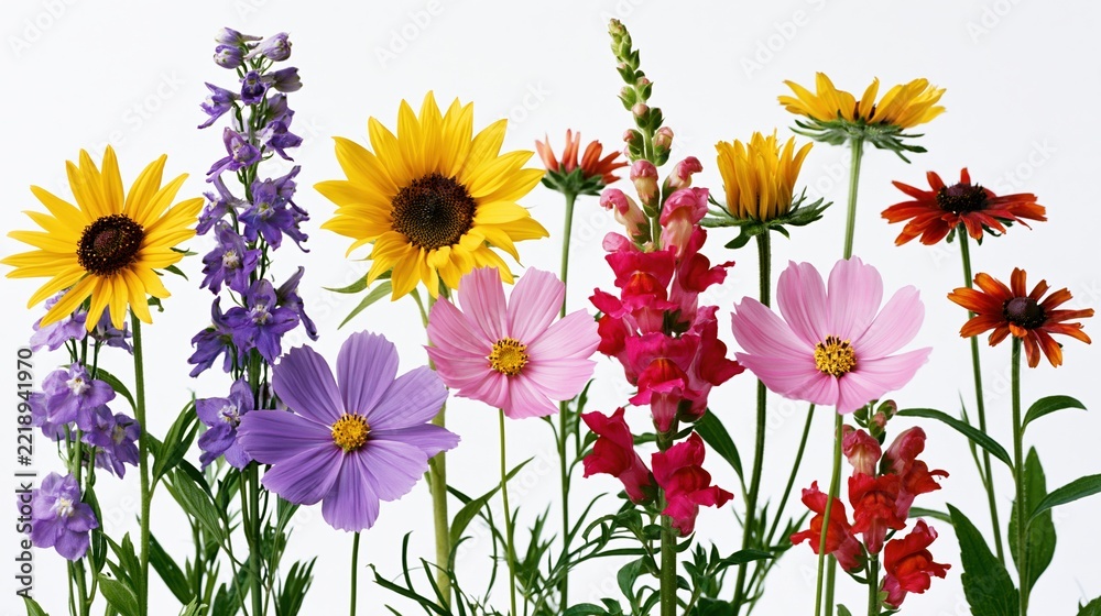 Fototapeta premium The Colorful Mixed Flower Bouquet with Sunflowers Cosmos and Snapdragons