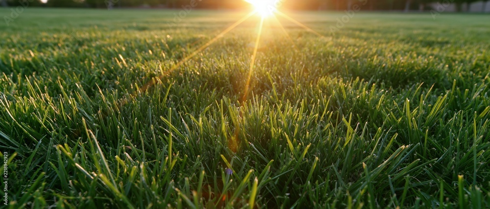 Fototapeta premium Low-angle view of dense green grass field with sun shining brightly on horizon