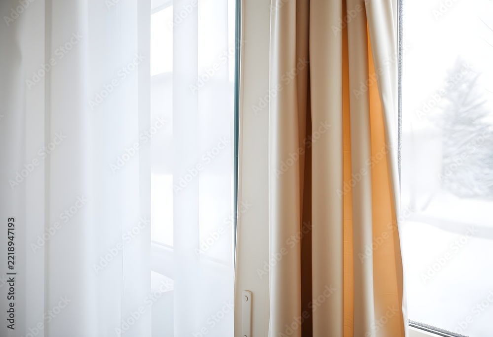 Fototapeta premium Window with Curtains and Snowfall Outside