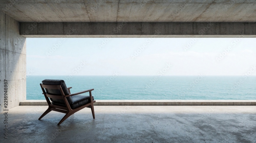 Fototapeta premium Minimalist concrete terrace with panoramic ocean view. Lone wooden armchair sits on grey cement floor under open sky. Modern brutalist balcony offers calm sea scenery for relaxation. Empty interior