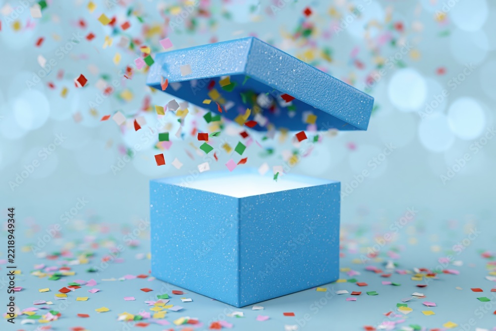 Fototapeta premium The Blue Gift Box Opening With Confetti Celebration Moment Captured