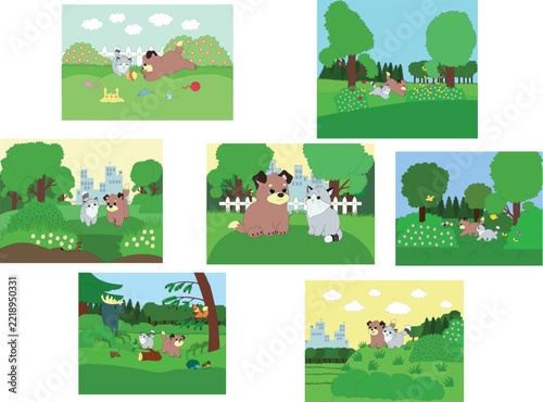 Cute cartoon puppy dog and kitten cat friendship adventure illustrations mega pack, funny pets characters, fairytale nature landscape scenes for kids book.
