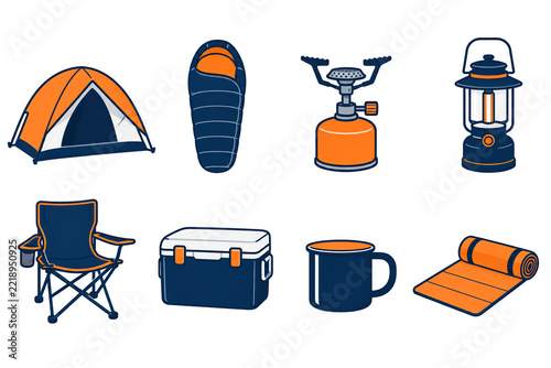Outdoor camping equipment icon set on white