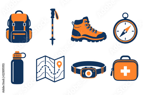Hiking trail equipment icon set on white