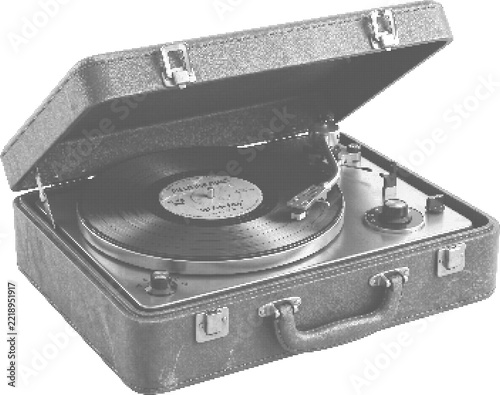 Record Player Vintage Portable Turntable Retro Music Device Halftone Dot Texture Collage Element