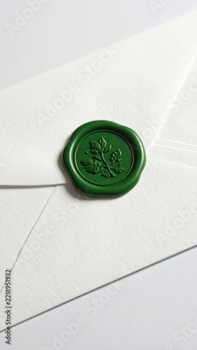 White envelope sealed with a vibrant green wax seal impressed with a botanical motif