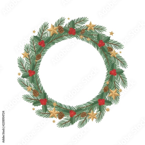 Christmas wreath frame with pine branches, cones, and gold stars