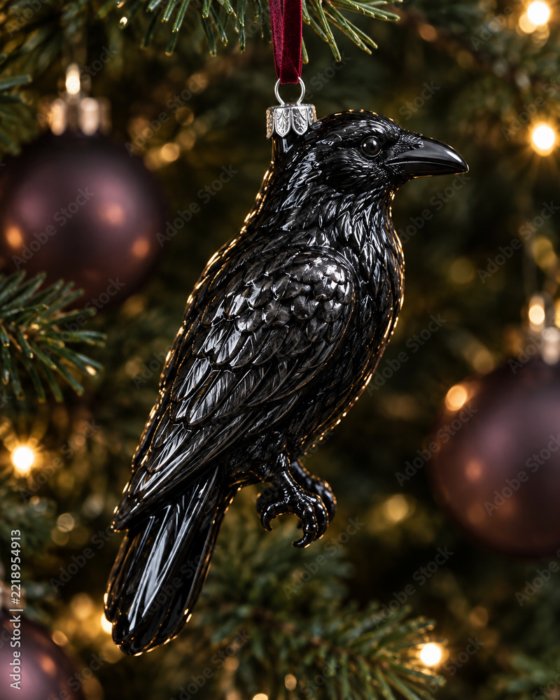 Fototapeta premium Black glass raven ornament hanging on a Christmas tree with festive lights and decorations for seasonal holiday product promotions and festive decor inspiration.