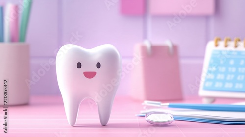 A cheerful cartoon tooth with a smiling face stands on a colorful desk with dental tools and a calendar