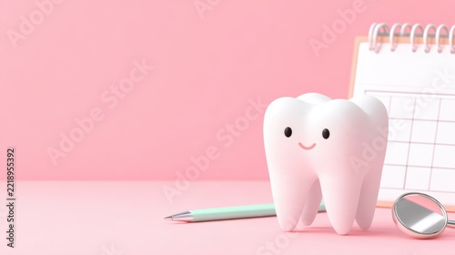 A cute cartoon tooth character sits beside a calendar and a dental mirror on a pink background