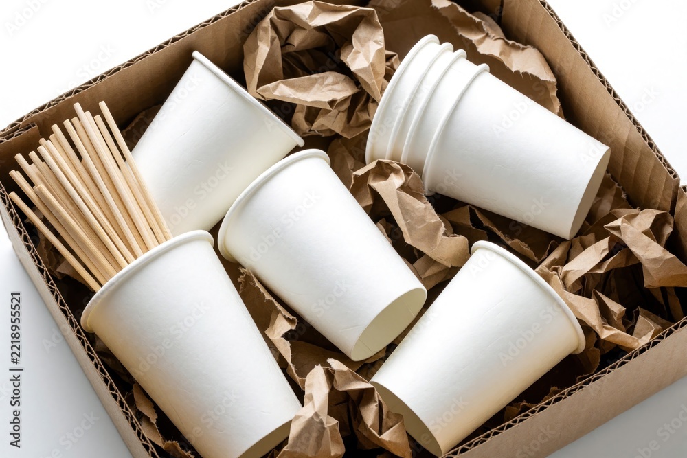 Naklejka premium White disposable paper cups, wooden sticks inside cardboard box with brown crumpled paper. Eco friendly tableware set for catering cafe service. Recyclable waste products arranged for recycling