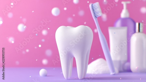 A large tooth model surrounded by dental products on a vibrant pink background with bubbles