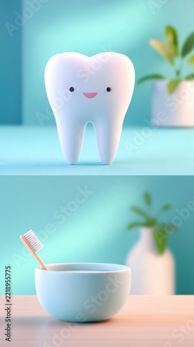 A cute cartoon tooth character stands near a bowl with a wooden toothbrush against a soft backdrop
