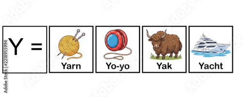 Y letter picture and word linking learning for children. Where different images starting with Y and their names are shown.