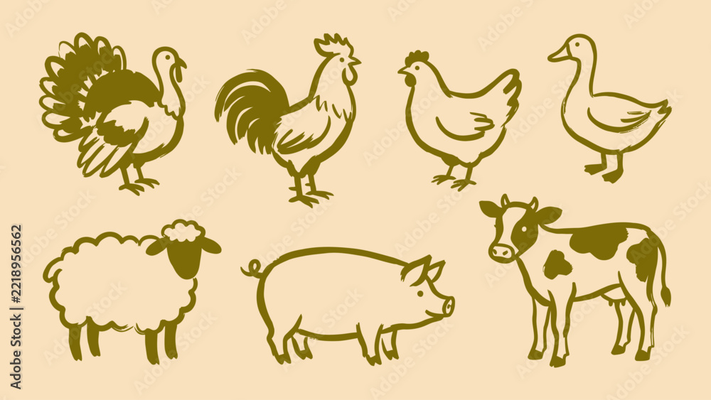 Fototapeta premium Hand drawn farm animals vector illustration set with rooster chicken turkey duck sheep pig and cow for agricultural branding