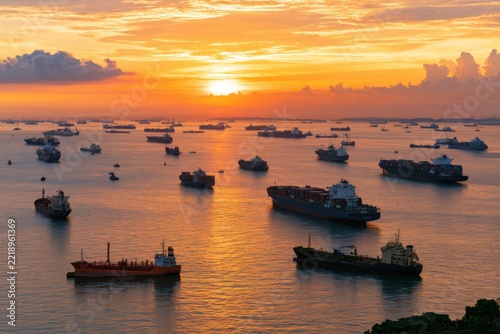 Cargo Ships Across Singapore Strait At Golden Sunrise

