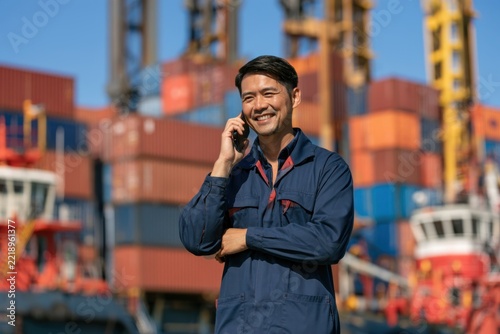 Asian American Customs Broker Talking Beside Shipping Containers
