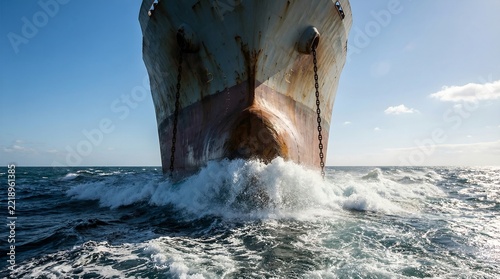 A large cargo ship cutting through choppy ocean waves under a clear blue sky