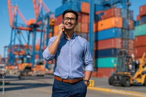 Asian american male customs broker talking on smart phone while looking at containers