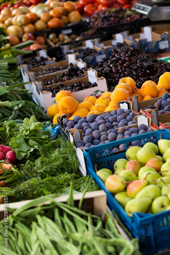 Fresh Fruits and Vegetables Displayed at Local Farmers Market