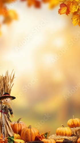 A tranquil autumn scene featuring a scarecrow beside pumpkins against a blurred golden backdrop