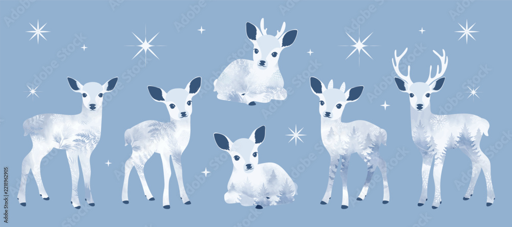 Naklejka premium Christmas reindeer set with ornamental in different position. Happy holiday watercolor clipart for cards, invitations, crafts, winter seasonal design. Hand drawn deer.