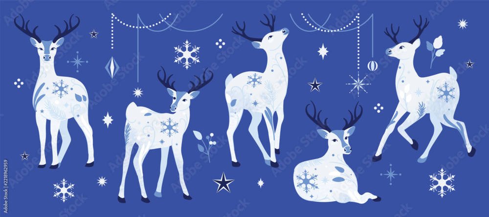 Fototapeta premium Christmas reindeer set with ornamental in different position. Happy holiday watercolor clipart for cards, invitations, crafts, winter seasonal design. Hand drawn deer.