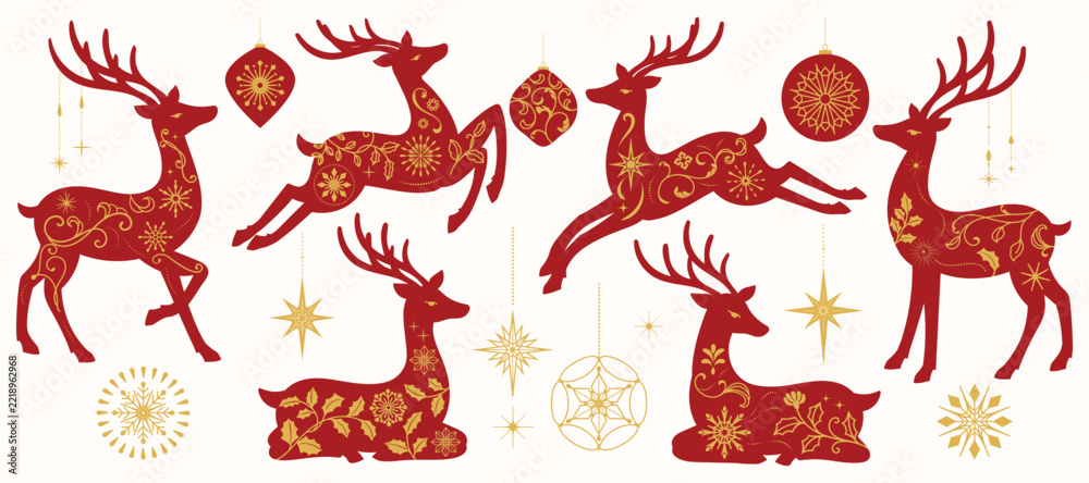 Fototapeta premium Christmas reindeer set with ornamental in different position. Happy holiday watercolor clipart for cards, invitations, crafts, winter seasonal design. Hand drawn deer.