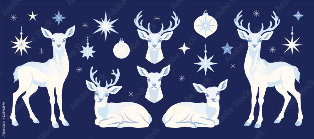 Fototapeta premium Christmas reindeer set with ornamental in different position. Happy holiday watercolor clipart for cards, invitations, crafts, winter seasonal design. Hand drawn deer.