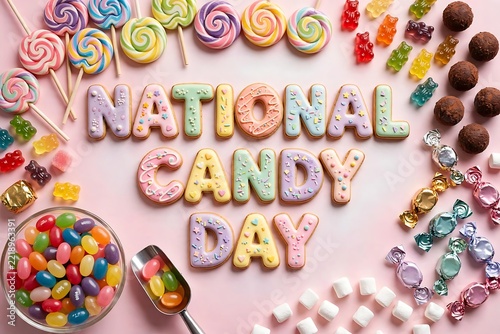 National candy day text made of cookies surrounded by various colorful candies