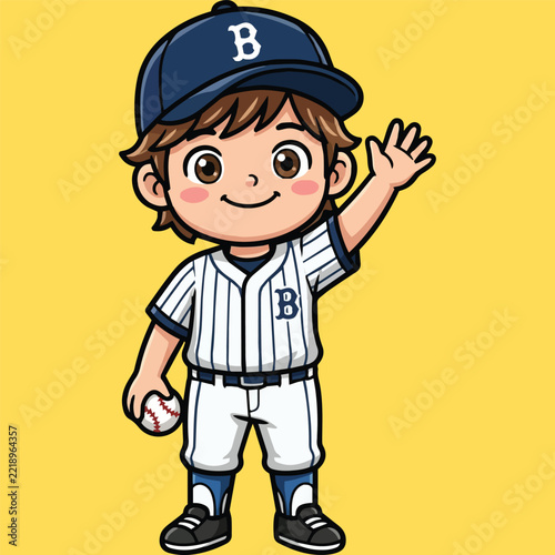 Cute cartoon baseball boy player waving hand and holding baseball, vector illustration isolated on yellow background