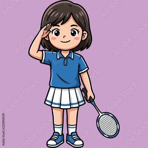 Cartoon illustration of a cute girl saluting while holding a badminton racket, wearing a sports uniform on a purple background