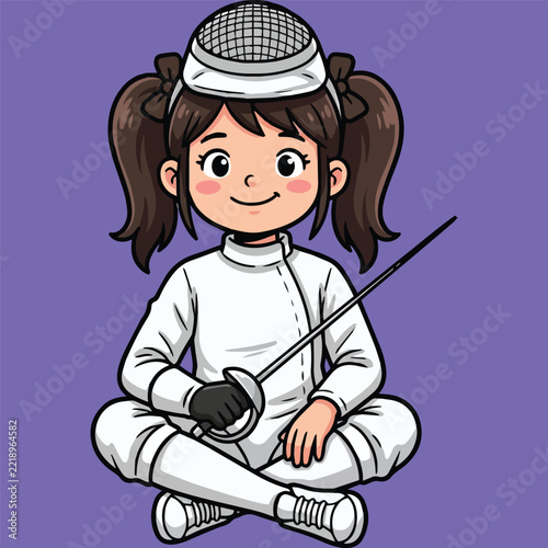 Cute young girl in fencing uniform holding a foil, ready for sport and competition