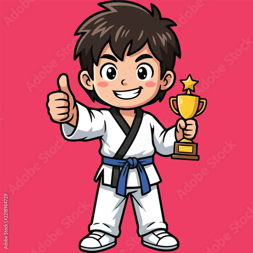 Smiling young karate boy in a white uniform with a blue belt triumphantly holds a golden trophy, giving a proud thumbs-up gesture, symbolizing victory and achievement in martial arts