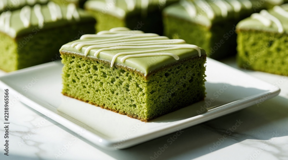 Fototapeta premium Delicious matcha green tea cake slice on white plate. Tasty organic dessert with green sponge, white icing glaze. Homemade sweet pastry served on marble table. Healthy antioxidant snack for tea time