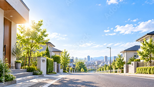 Japan Residential Neighborhood in Modern Street with Greenery and Clear Blue Sky