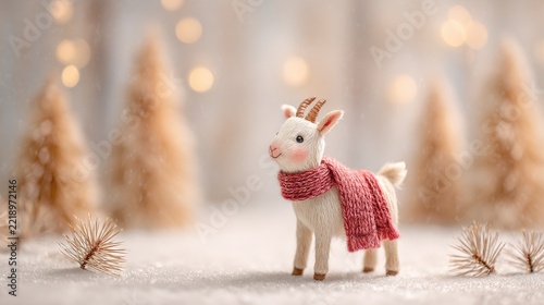 Adorable baby goat figurine with cozy red scarf surrounded by festive winter decor