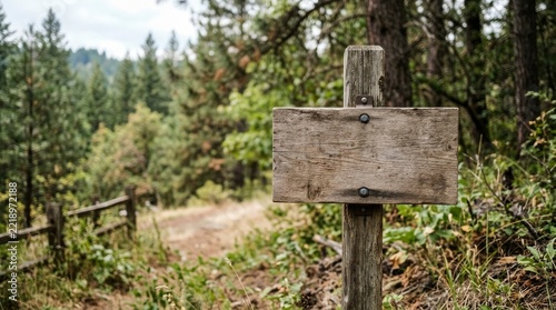 Blank Rustic Wooden Sign on a Post Along a Forest Hiking Trail, Empty Wooden Board in Nature Background