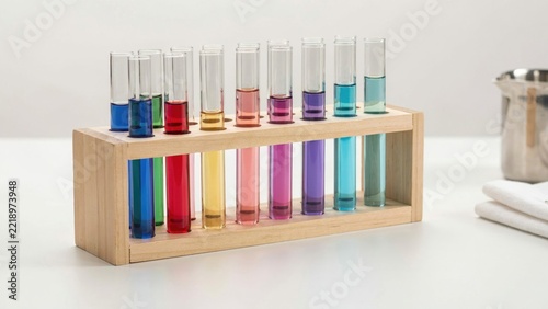 Test Tubes, Vibrant Colored Liquids in Glass Tubes Arranged on a Wooden Rack Featuring Colors, Science
