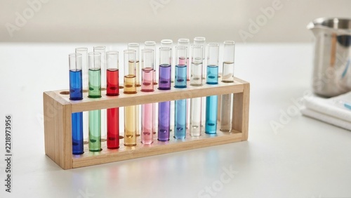 Test Tubes, a Vibrant Collection of Colorful Liquids in Laboratory Glassware, Arranged in a Wooden Rack