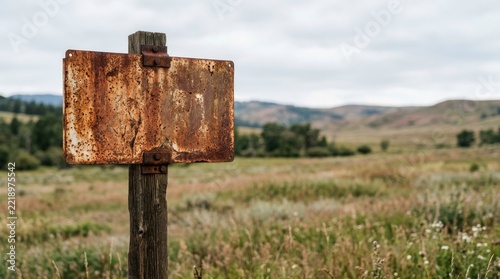 Old Blank Rusty Metal Sign on Wooden Post in a Rural Landscape with Mountains