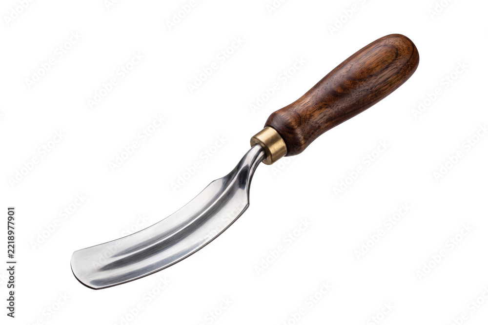 Obraz premium Professional wood carving gouge with wooden handle, sharp steel chisel tool for woodworking, isolated on white background