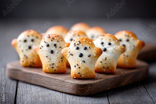 Spooky ghost-shaped halloween cookies with poppy seeds on wooden board